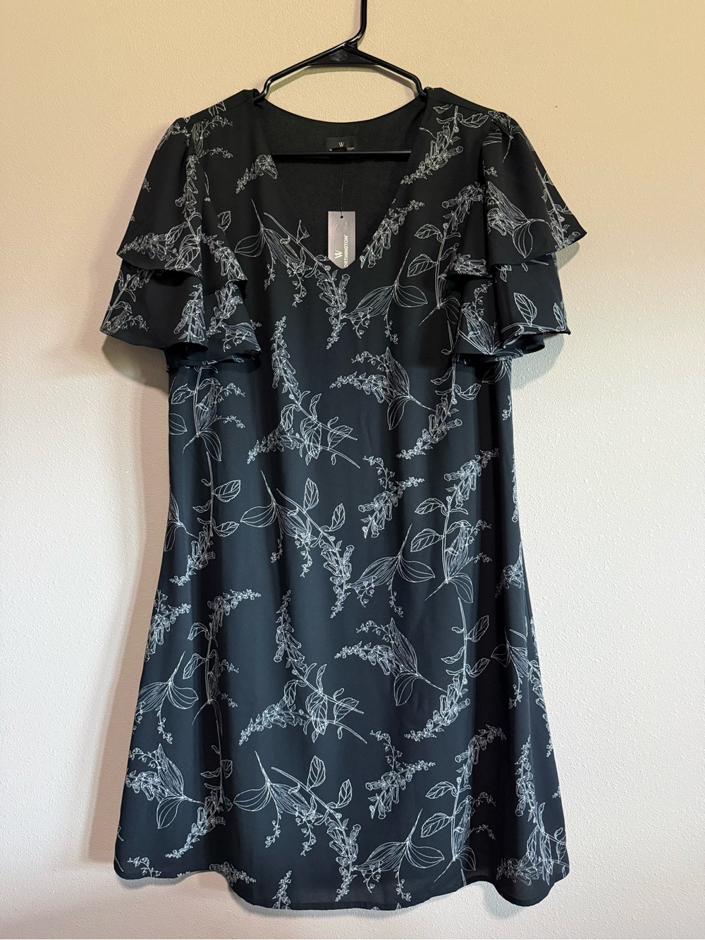 Worthington Black Floral V-Neck Layered Ruffle Mini Dress